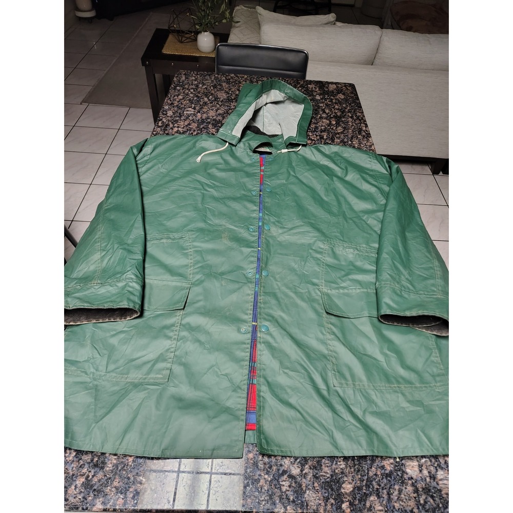 Acadia Mens Green Hooded Raincoat Plaid Flannel Lined Snap Front Jacket 2XL